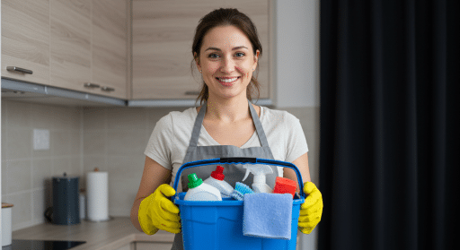 Imagem de uma diarista sorridente segurando um balde azul com produtos de limpeza, vestindo luvas amarelas e avental cinza, em uma cozinha moderna, simbolizando a importância da limpeza doméstica profissional.