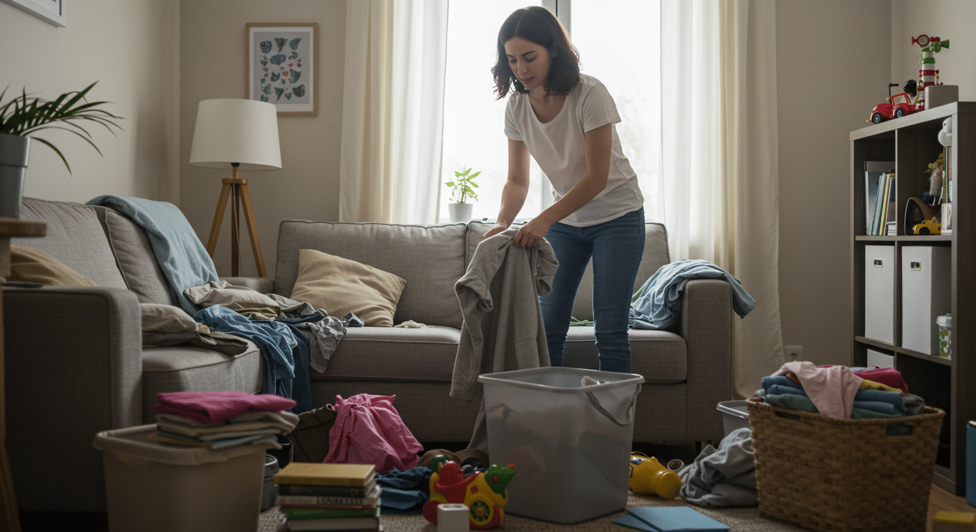 Imagem de uma mulher organizando a sala de estar, dobrando roupas e guardando objetos em cestos, representando o processo de organização da casa.