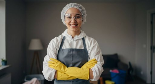 Pessoa vestida com equipamentos de proteção individual (EPI), incluindo avental, touca, luvas amarelas e óculos de proteção, sorrindo para a câmera em um ambiente interno. Ao fundo, há móveis e materiais de limpeza, sugerindo uma atividade relacionada à higienização.