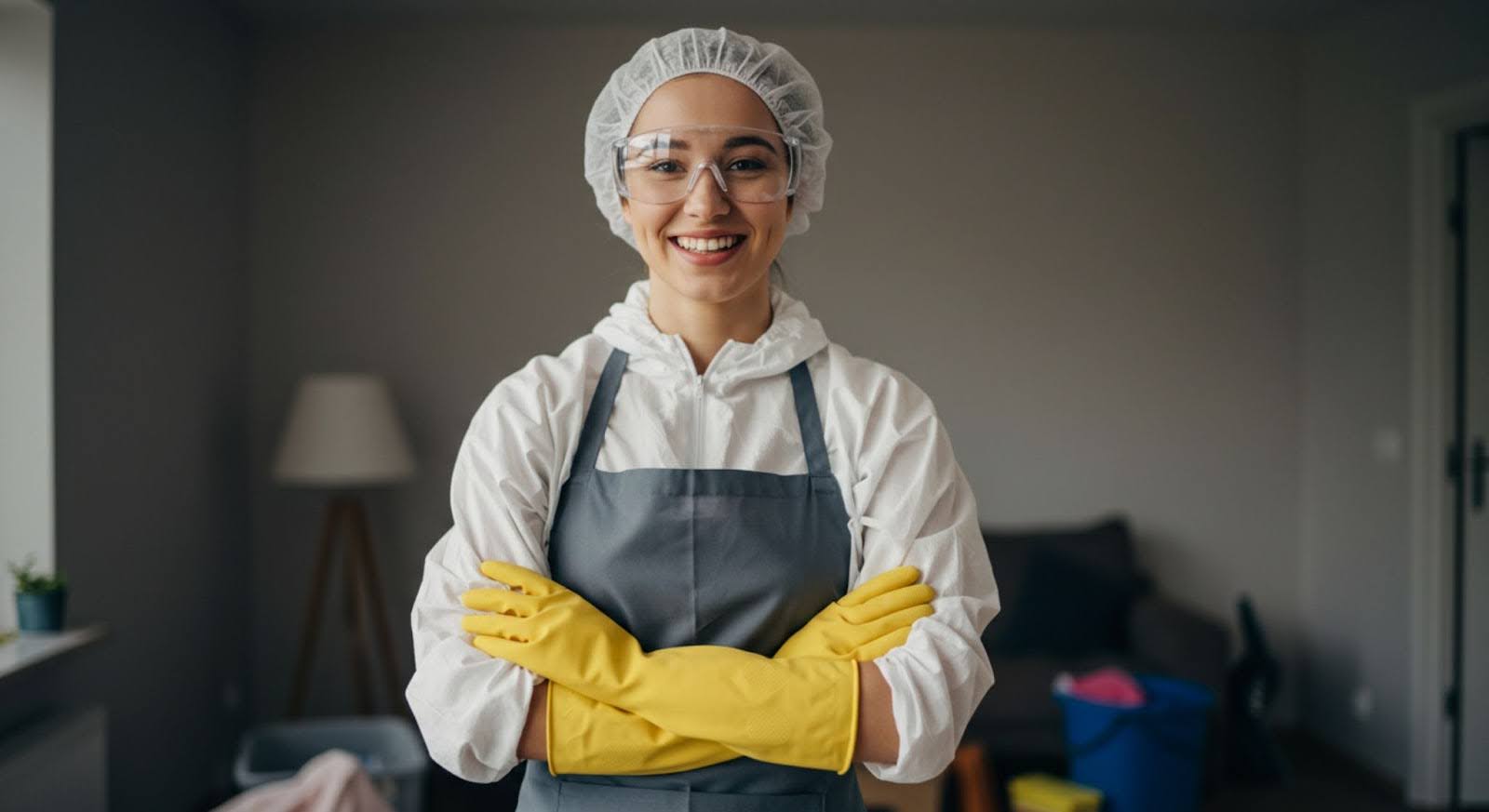 Pessoa vestida com equipamentos de proteção individual (EPI), incluindo avental, touca, luvas amarelas e óculos de proteção, sorrindo para a câmera em um ambiente interno. Ao fundo, há móveis e materiais de limpeza, sugerindo uma atividade relacionada à higienização.