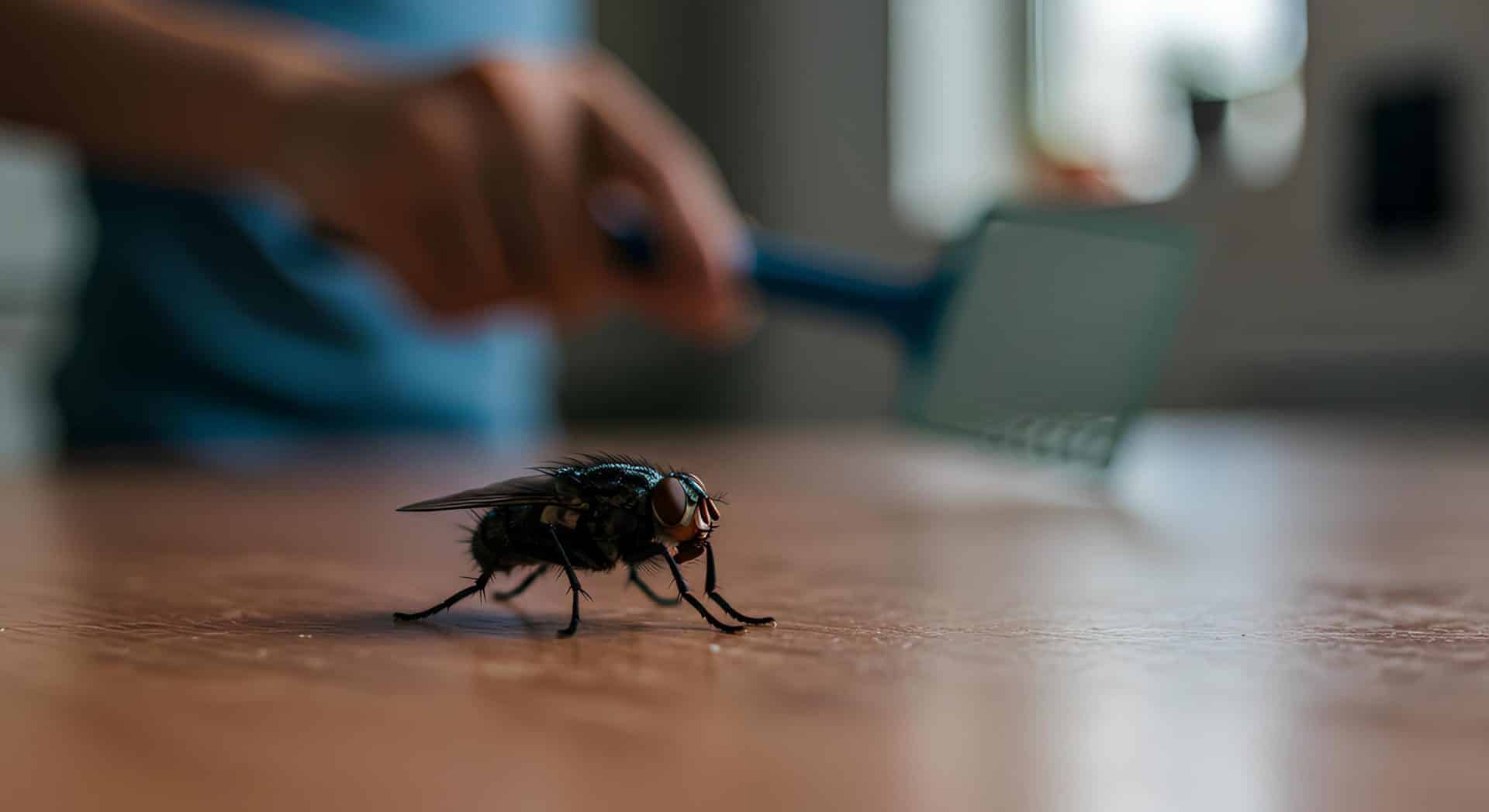 Uma mosca pousada em uma superfície de madeira em primeiro plano, enquanto uma mão desfocada ao fundo segura um mata-moscas azul, prestes a agir
