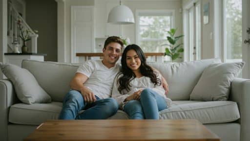 Um casal jovem sentado confortavelmente em um sofá claro em uma sala de estar bem iluminada. Ambos estão sorrindo e vestindo roupas casuais, com um ambiente moderno e decorado ao fundo, incluindo plantas e grandes janelas que permitem a entrada de luz natural.