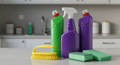 Frascos de produtos de limpeza em cores vibrantes, como verde e roxo, dispostos sobre uma bancada de cozinha. Ao lado, há uma escova de cerdas amarelas e esponjas verdes. Ao fundo, uma cozinha moderna com pia, torneira e potes decorativos.