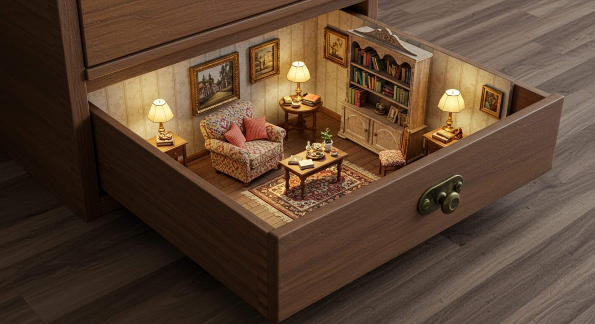 Imagem de um apartamento pequeno com decoração criativa e eficiente. A imagem mostra um cenário de miniatura dentro de uma gaveta, com móveis e objetos bem distribuídos para otimizar o espaço e criar um ambiente acolhedor.