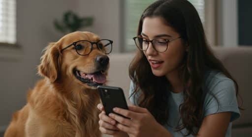 Mulher e seu cachorro sorrindo enquanto olham para o celular juntos. Ambos estão usando óculos.