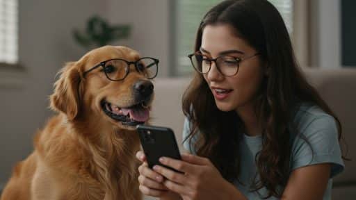 Mulher e seu cachorro sorrindo enquanto olham para o celular juntos. Ambos estão usando óculos.