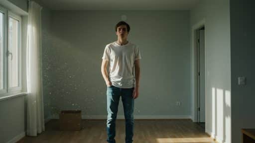 Jovem em um ambiente vazio com luz suave entrando pela janela, representando a ideia de morar sozinho e começar uma nova fase.