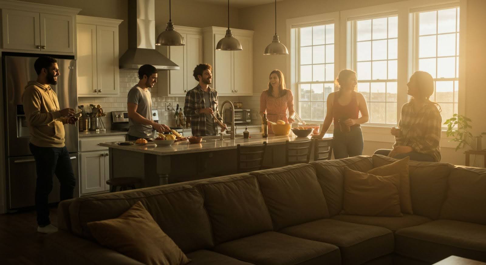 Imagem de um grupo de pessoas conversando e interagindo em uma cozinha moderna e iluminada, com uma sala de estar ao fundo.