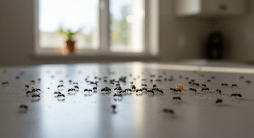 Close-up de várias formigas em um piso claro