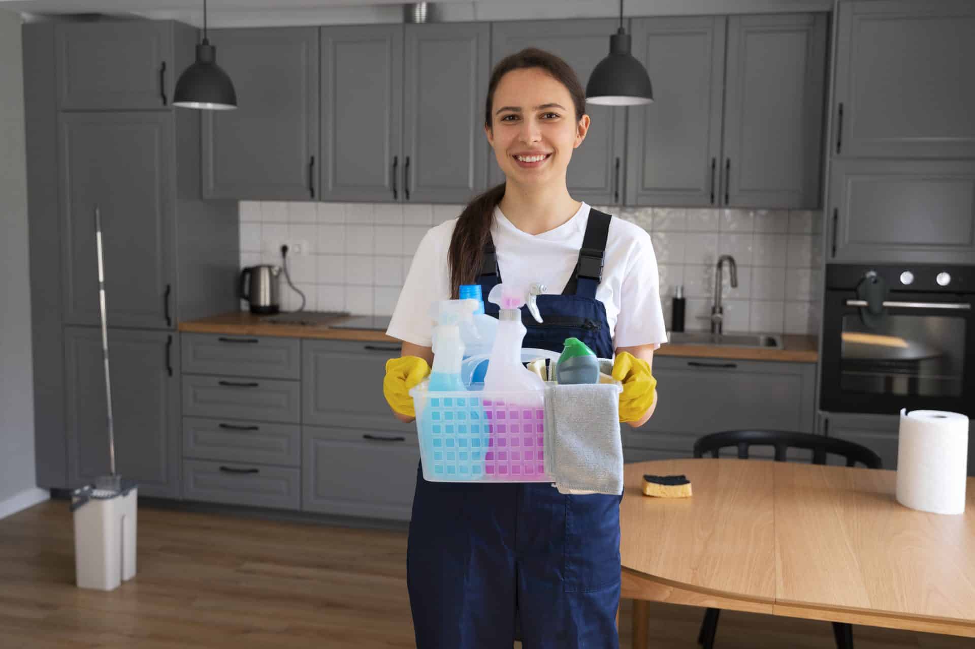 A imagem mostra uma diarista sorridente, vestindo uniforme azul e luvas de borracha amarelas, segurando uma cesta organizada com produtos de limpeza, como borrifadores, desinfetantes e panos. Ela está posicionada no centro de uma cozinha moderna com armários cinza, bancada de madeira clara e piso laminado. O ambiente transmite sensação de ordem, limpeza e profissionalismo nos serviços domésticos.