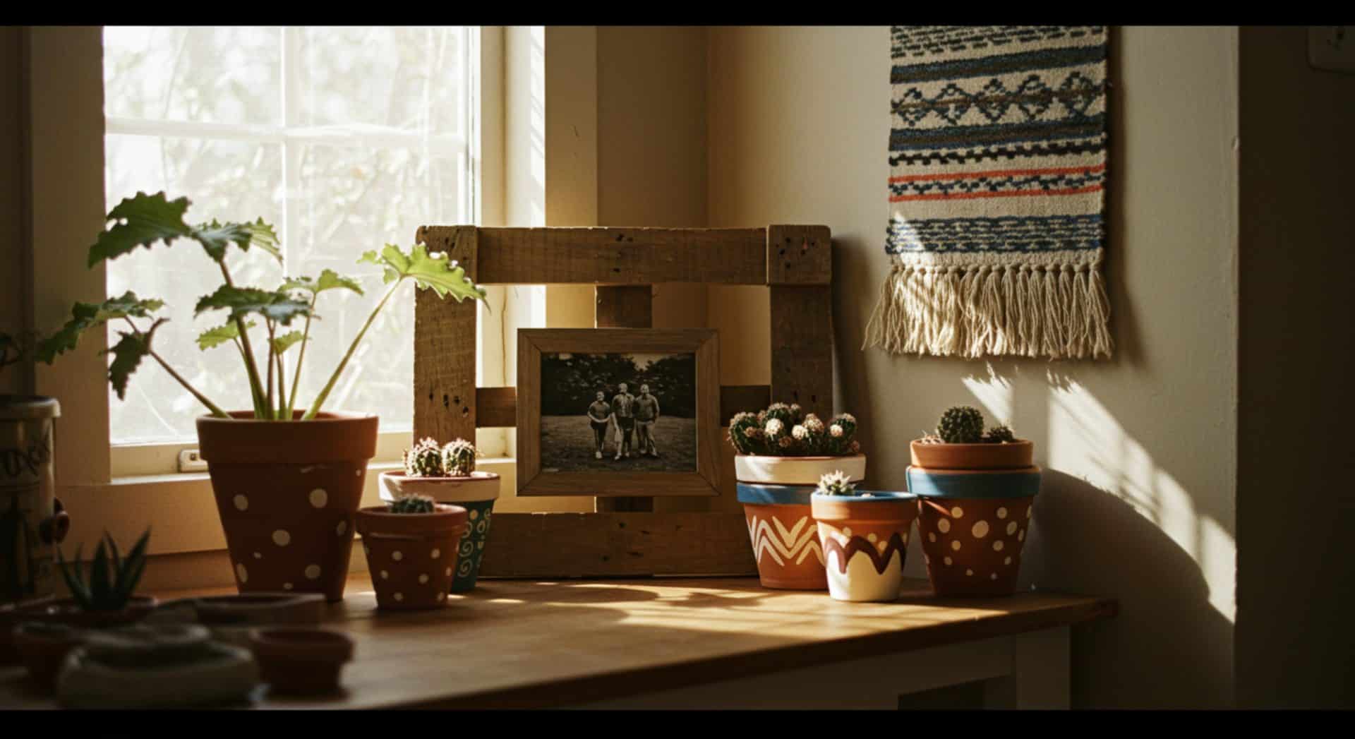 A imagem retrata um cantinho acolhedor e iluminado por luz natural, decorado com vasos de barro pintados à mão com padrões coloridos e plantas variadas, como cactos e suculentas. No centro, há um porta-retrato rústico feito de madeira reaproveitada com uma foto em preto e branco de três pessoas. Ao fundo, uma tapeçaria artesanal pendurada na parede reforça o clima caseiro e artesanal, transmitindo uma atmosfera de afeto e simplicidade.