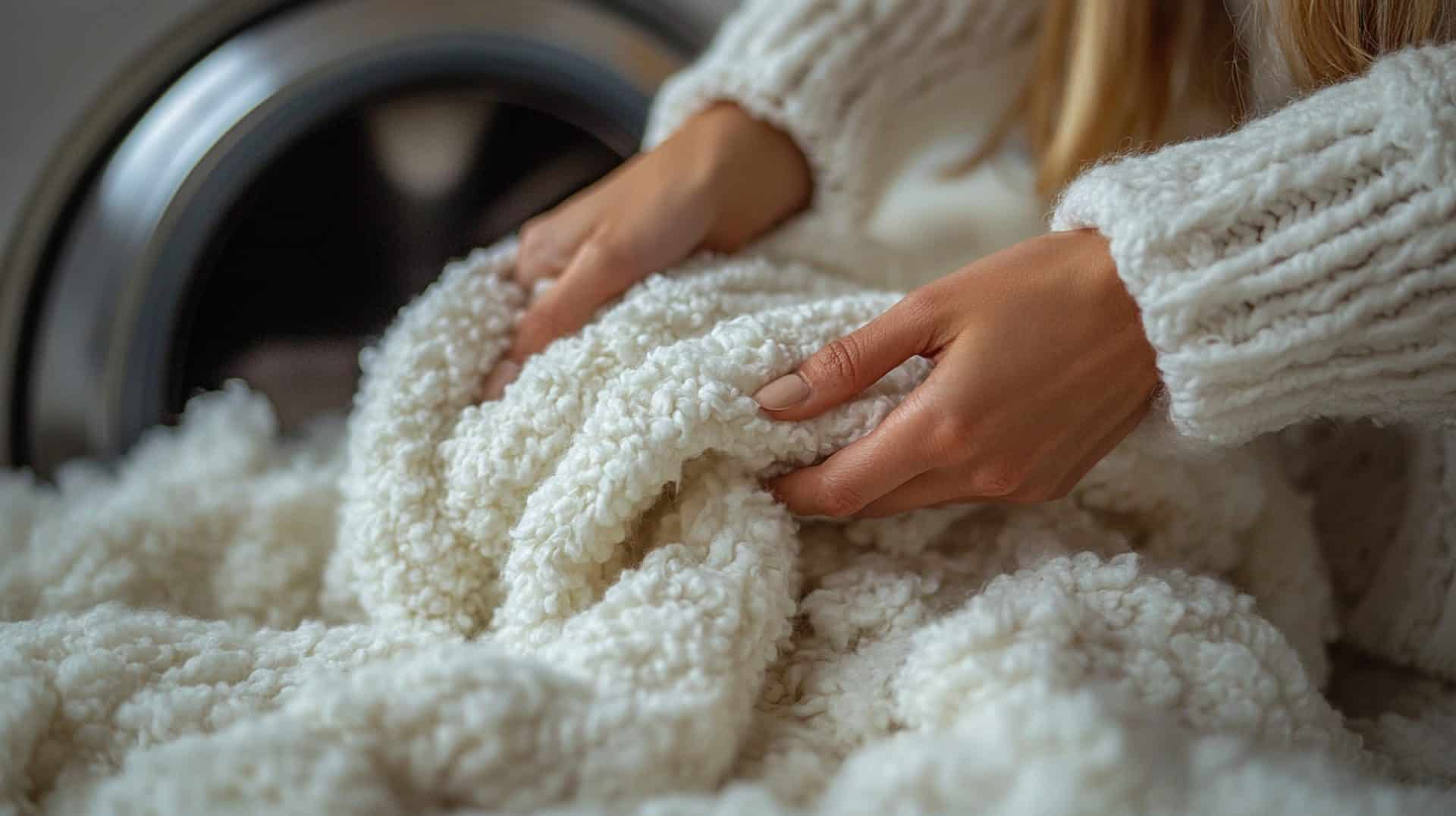 Imagem de uma pessoa segurando um cobertor felpudo branco, ao fundo é possível ver uma máquina de lavar roupa