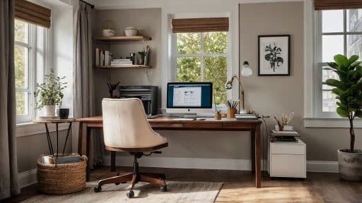 A imagem mostra um escritório doméstico elegantemente organizado, com decoração aconchegante e tons neutros. A mesa de madeira ocupa o centro, equipada com um computador, luminária, materiais de escrita e itens de papelaria. Ao redor, há prateleiras com livros e objetos decorativos, plantas naturais que trazem frescor ao ambiente, e uma cadeira estofada confortável.