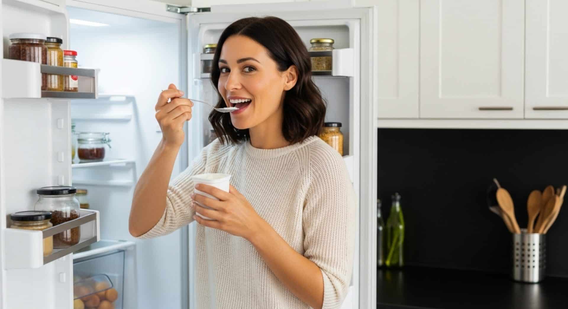 O ChatGPT disse: Mulher sorridente comendo iogurte em frente à geladeira aberta, em cozinha moderna com potes organizados nas prateleiras.