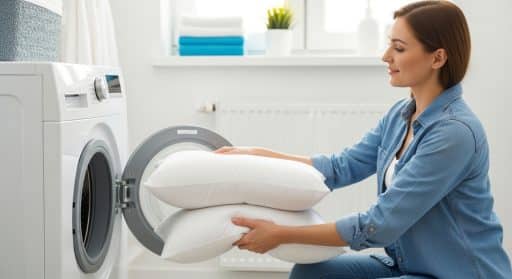 Mulher sorridente colocando travesseiros brancos em máquina de lavar em lavanderia clara e organizada.