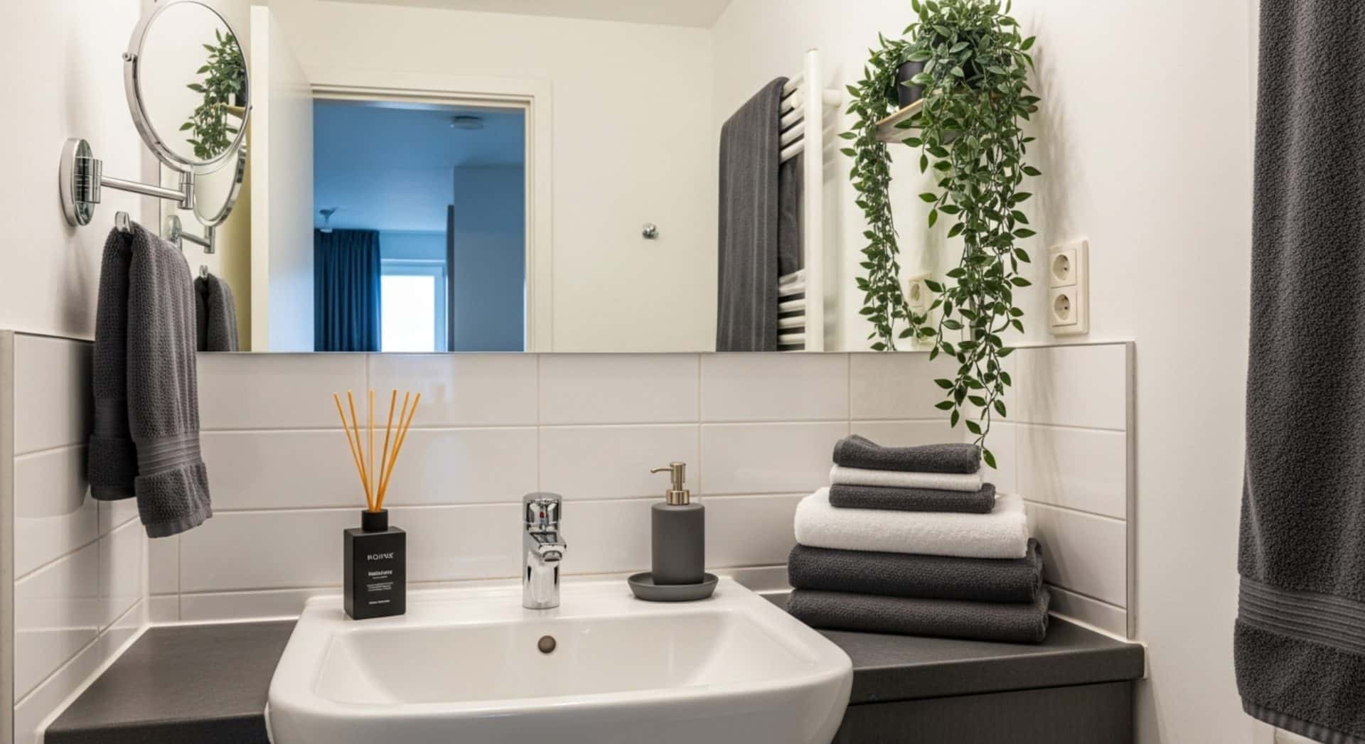 Como limpar o banheiro moderno com decoração minimalista, apresentando pia com dispenser de sabão, difusor de aromas, toalhas dobradas em tons de cinza e branco, espelho grande com planta pendente ao lado e detalhes em metal cromado.