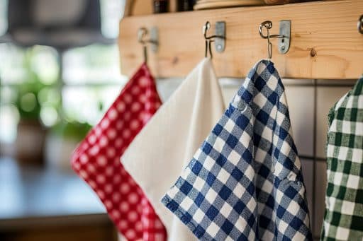 Panos de prato coloridos pendurados em ganchos de madeira na cozinha, com destaque para estampas xadrez e de bolinhas.