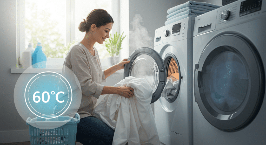 Mulher retirando roupas brancas com vapor de uma máquina de lavar, com ícone indicando temperatura de 60 °C, em lavanderia iluminada por luz natural.