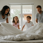 Família sorridente arrumando a cama junta, com casal e duas crianças brincando com o lençol em quarto iluminado por luz natural.