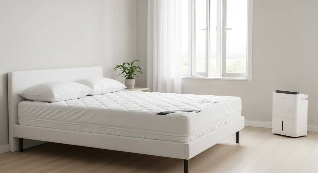 Quarto minimalista com cama de casal em tons brancos, colchão com capa protetora, planta decorativa na mesinha e desumidificador ao lado da janela.