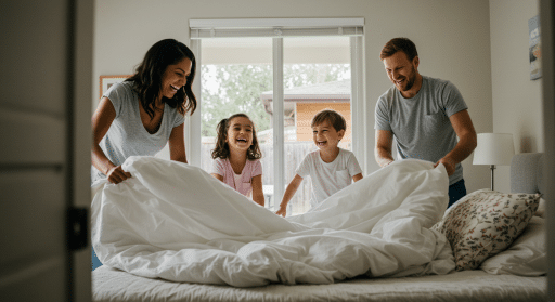 Família sorridente arrumando a cama junta, com casal e duas crianças brincando com o lençol em quarto iluminado por luz natural.