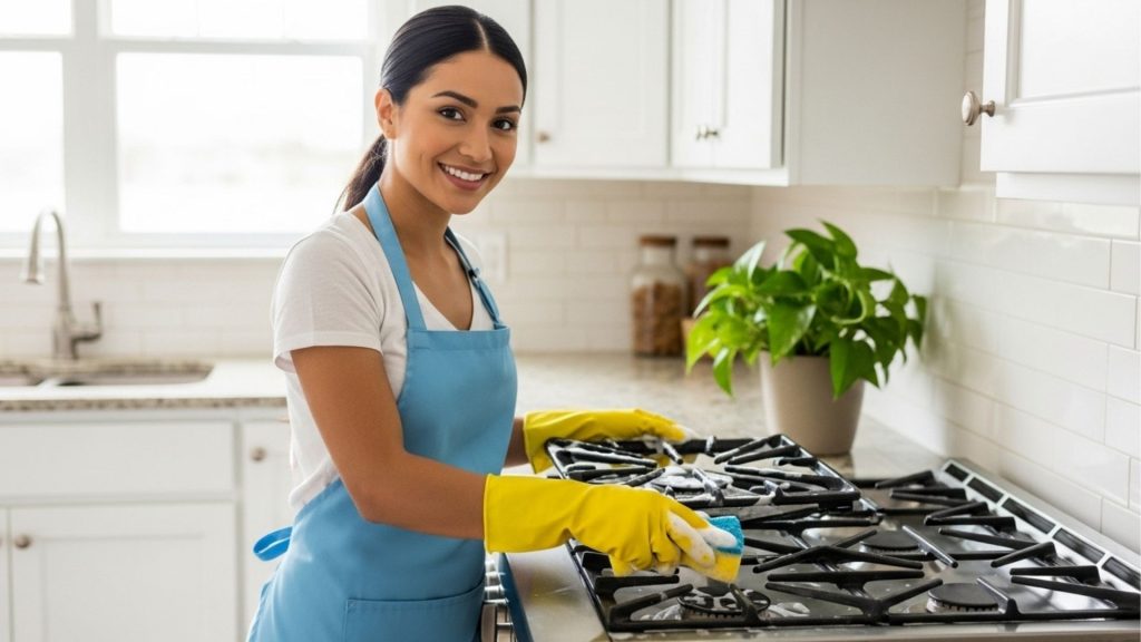 Mulher sorridente limpando fogão com luvas amarelas e avental azul em cozinha iluminada.