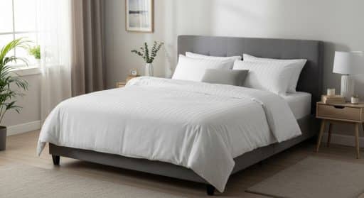 Quarto moderno com cama de casal de cabeceira estofada cinza, roupa de cama branca e decoração minimalista, incluindo mesas de cabeceira com luminárias, plantas e quadros na parede.