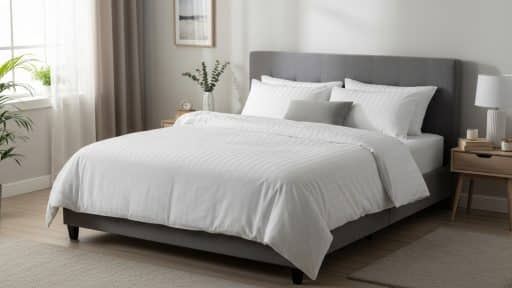 Quarto moderno com cama de casal de cabeceira estofada cinza, roupa de cama branca e decoração minimalista, incluindo mesas de cabeceira com luminárias, plantas e quadros na parede.