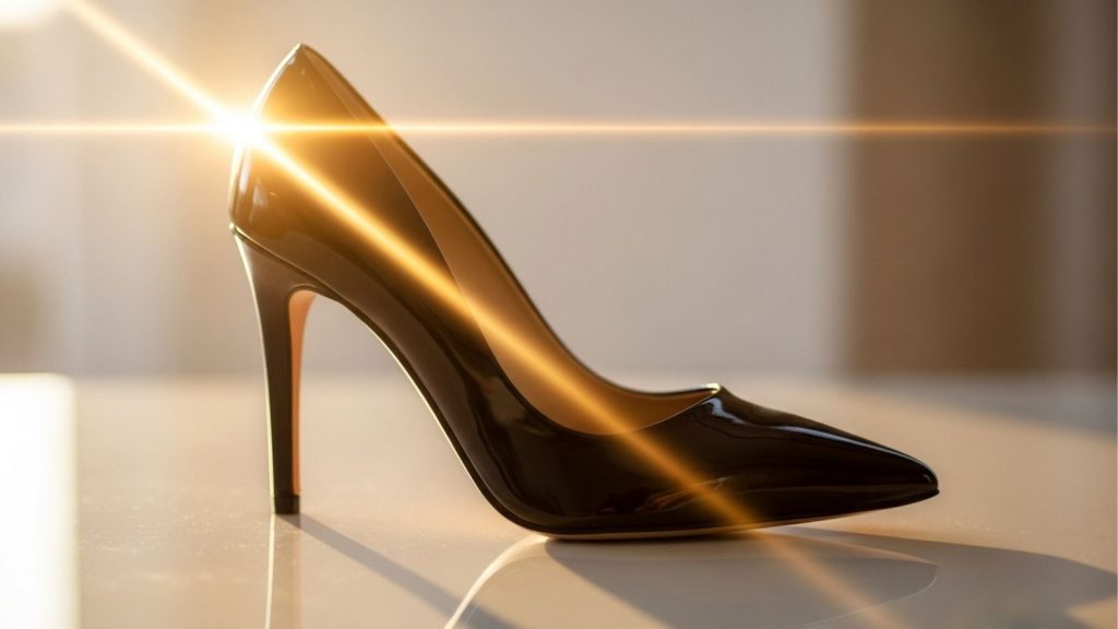 Sapato de salto alto preto envernizado refletindo luz intensa.