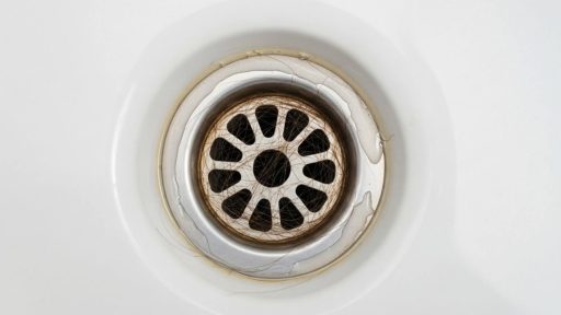Ralo de pia ou box com acúmulo de fios de cabelo, indicando necessidade de limpeza.