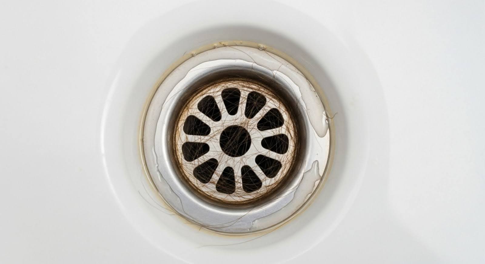 Ralo de pia ou box com acúmulo de fios de cabelo, indicando necessidade de limpeza.