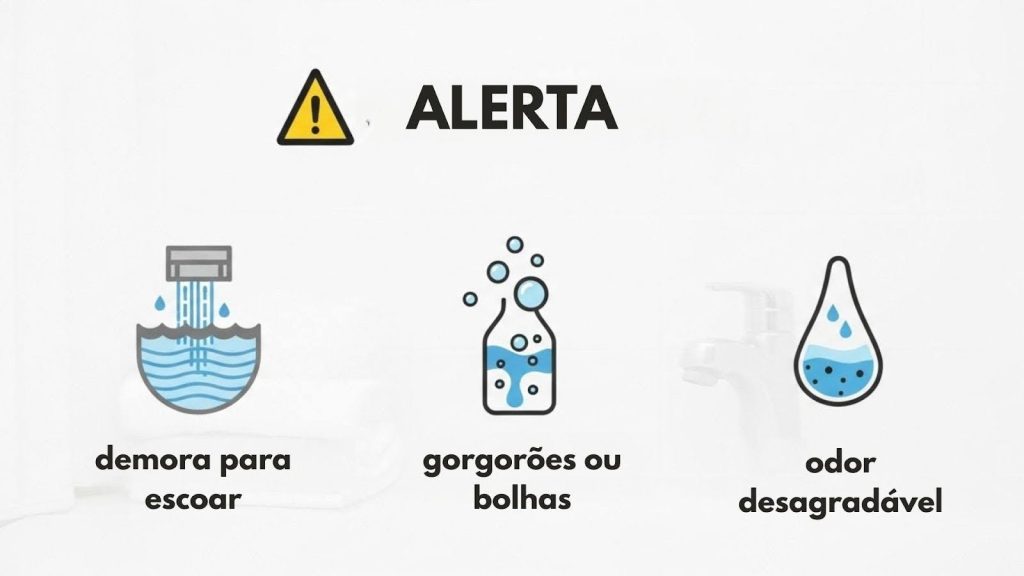 Imagem com alerta sobre sinais de entupimento de ralos, destacando três sintomas: demora para escoar, gorgorões ou bolhas, e odor desagradável.