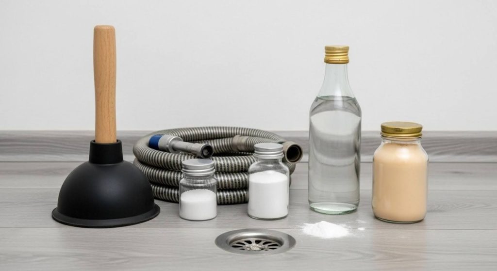 Itens usados para desentupir ralos, incluindo desentupidor de borracha, mangueira, vinagre, bicarbonato de sódio, sal e detergente.