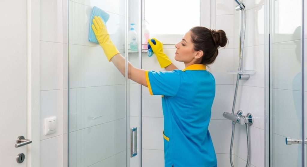 Mulher com uniforme de limpeza e luvas amarelas higienizando o box de vidro de um banheiro.