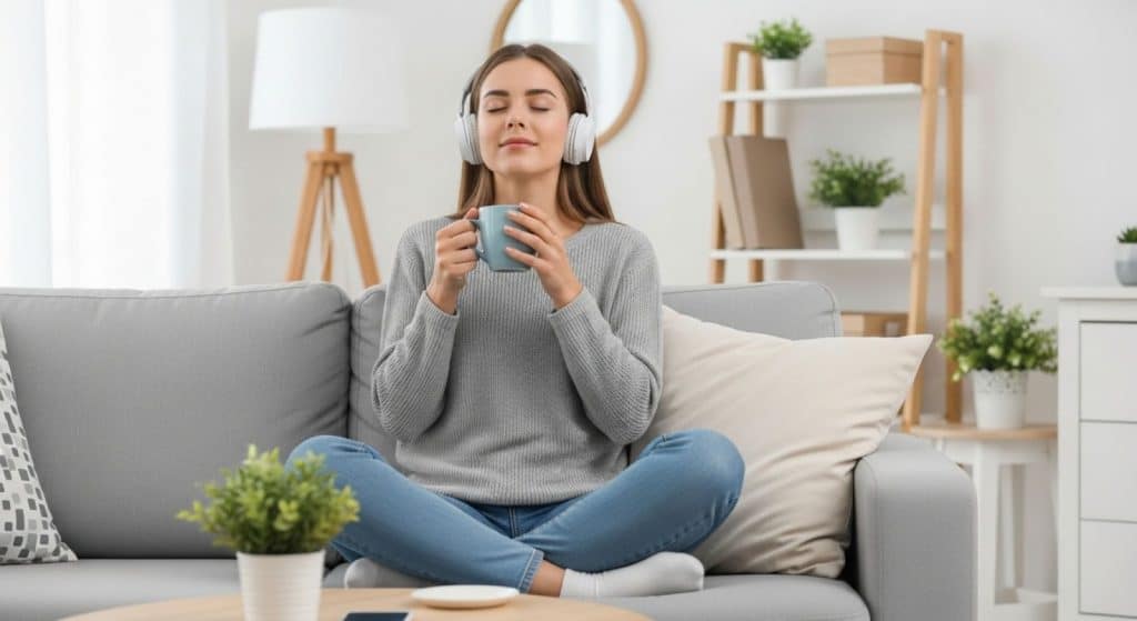 Mulher sentada no sofá com pernas cruzadas, usando fones de ouvido, olhos fechados e segurando uma caneca, em ambiente de sala decorada com plantas e tons neutros.