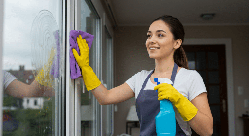 Mulher limpando vidro com pano roxo e produto de limpeza, vestindo luvas amarelas e avental, em ambiente interno com porta de vidro.