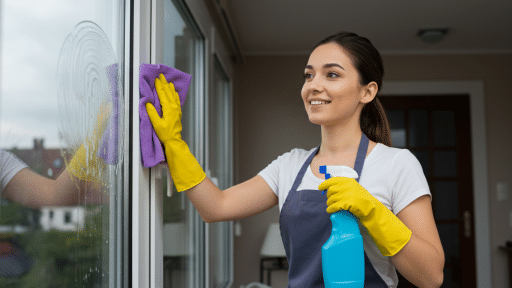 Mulher limpando vidro com pano roxo e produto de limpeza, vestindo luvas amarelas e avental, em ambiente interno com porta de vidro.
