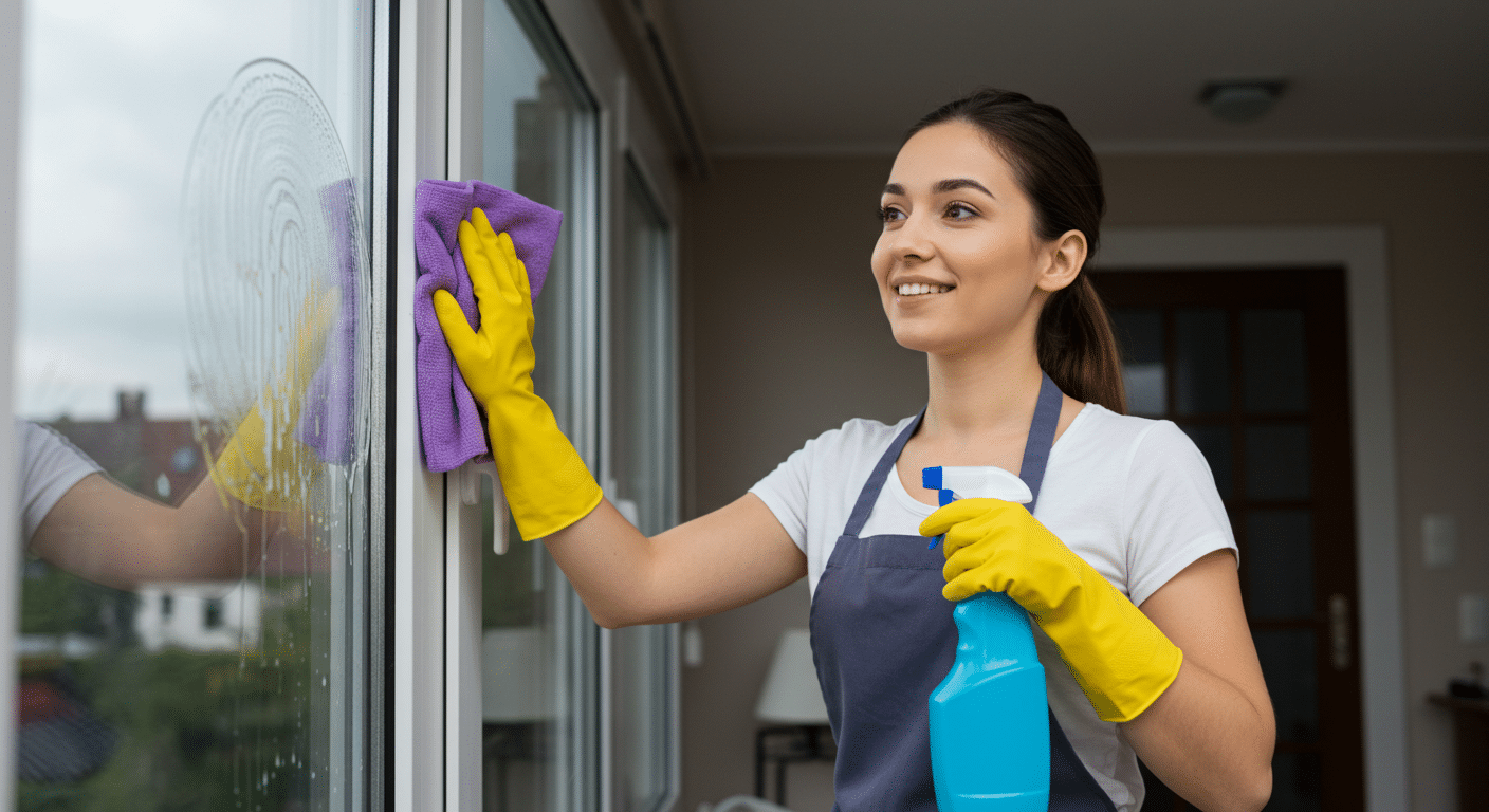 Mulher limpando vidro com pano roxo e produto de limpeza, vestindo luvas amarelas e avental, em ambiente interno com porta de vidro.