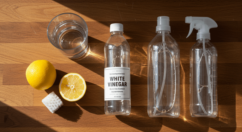 Ingredientes naturais para limpeza dispostos sobre bancada de madeira: limão, copo com água, vinagre branco, esponja e frascos transparentes, incluindo borrifador.