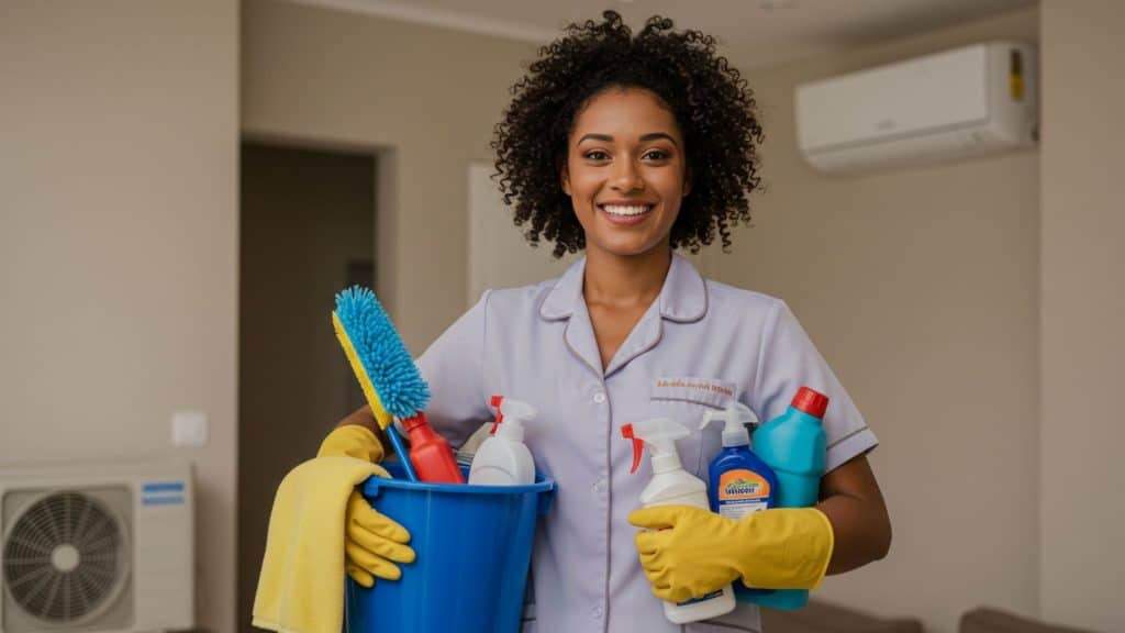 Mulher sorridente vestindo uniforme de limpeza e luvas amarelas, segurando balde azul com produtos e utensílios de limpeza em ambiente interno com ar-condicionado ao fundo.