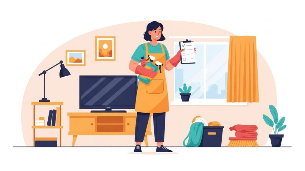 Ilustração de mulher com avental segurando produtos de limpeza e checklist em sala organizada.