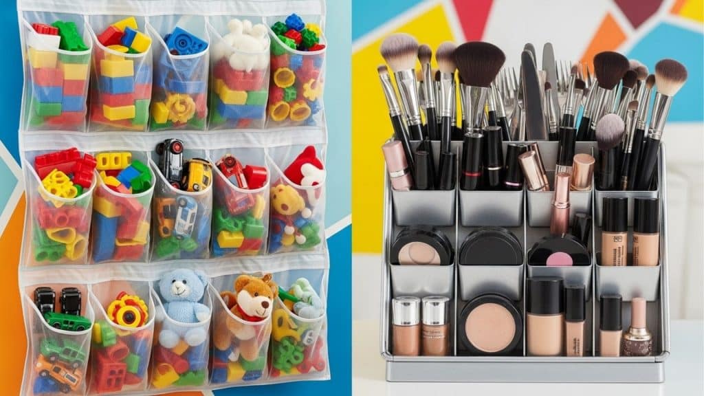 Imagem dividida ao meio mostrando dois tipos de organização: à esquerda, brinquedos infantis guardados em bolsos transparentes pendurados; à direita, maquiagens e pincéis organizados em um suporte com divisórias.
