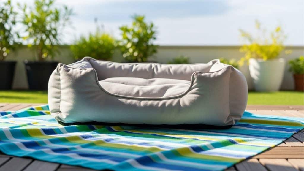 Caminha cinza para pets sobre uma toalha listrada colorida, em área externa com piso de madeira e vasos de plantas ao fundo.