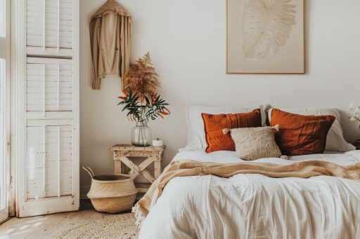Quarto decorado em estilo boho, com cama de roupa branca, almofadas terrosas, mesa de apoio rústica, cesto de palha e plantas secas.