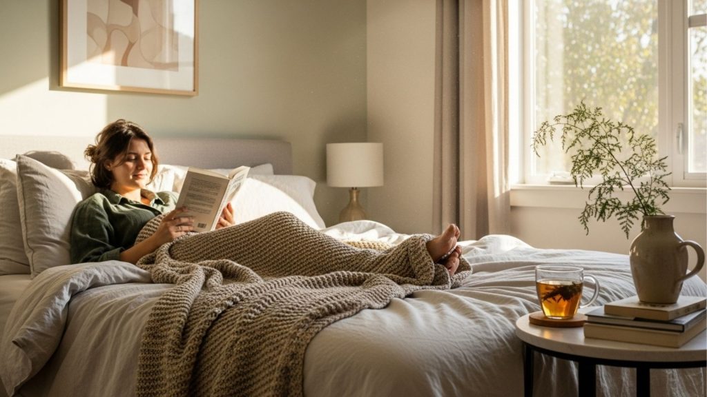 Mulher lendo na cama em um quarto iluminado pelo sol, coberta com manta de tricô, com xícara de chá e livros sobre uma mesinha ao lado.