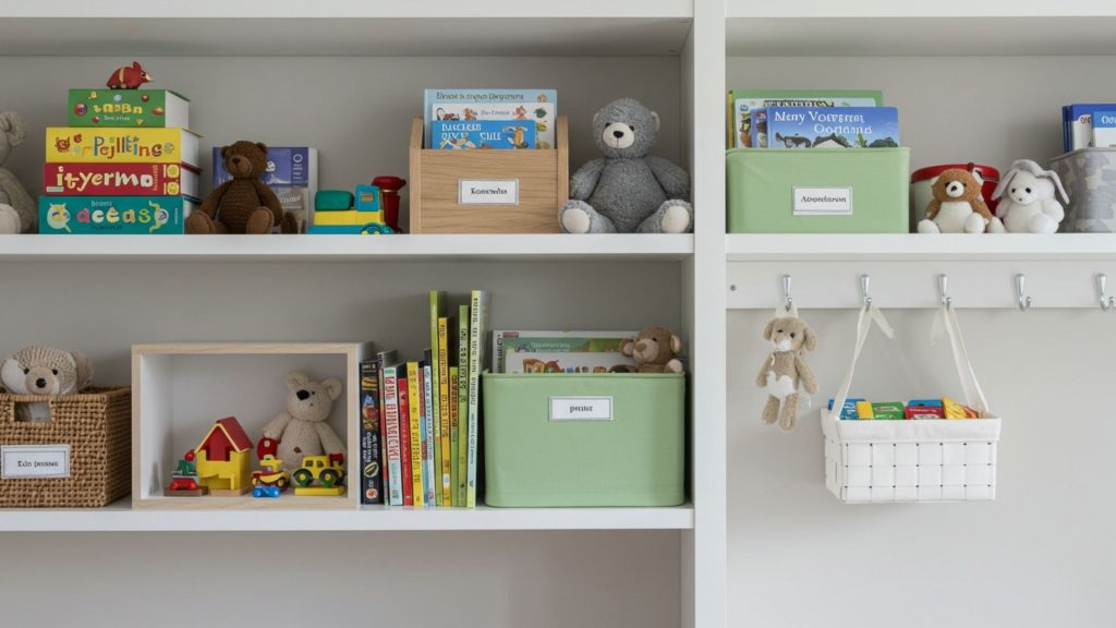 Prateleiras organizadas com livros, pelúcias e caixas em quarto infantil.