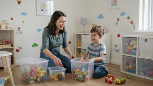 Mulher e criança sorrindo enquanto organizam brinquedos em caixas transparentes.