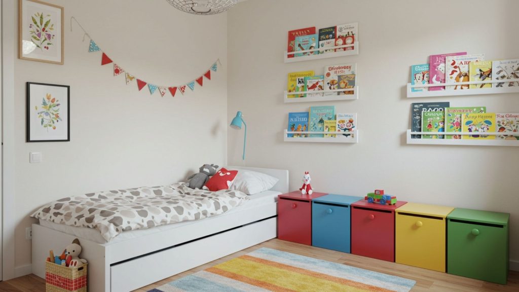 Quarto infantil com cama branca, caixas coloridas e prateleiras com livros.