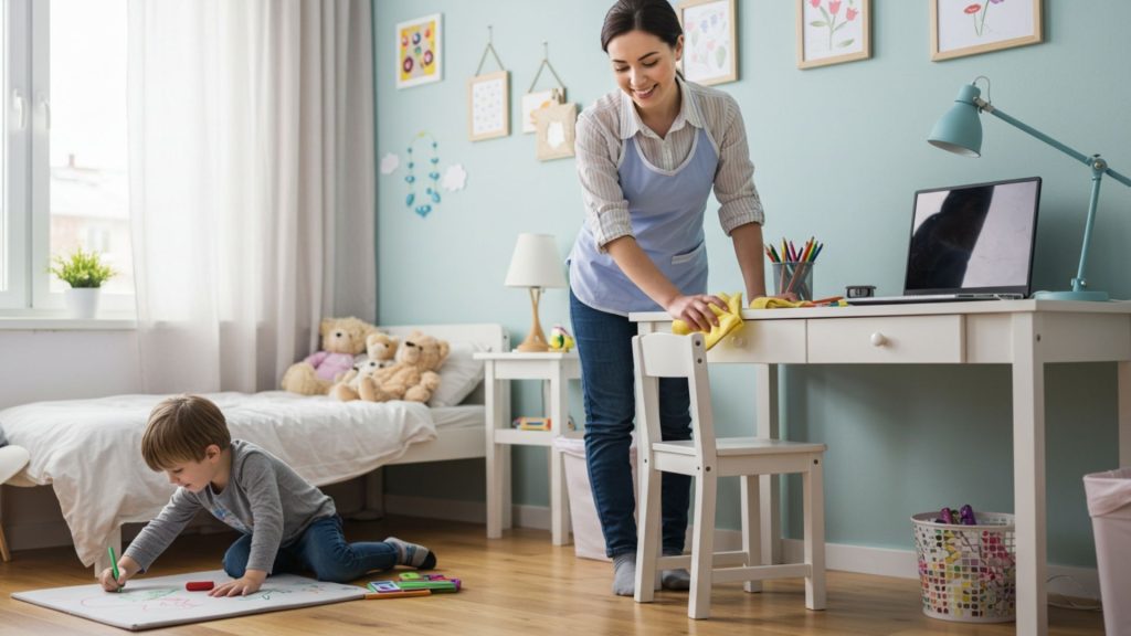 Mulher limpando mesa em quarto infantil enquanto criança desenha no chão.