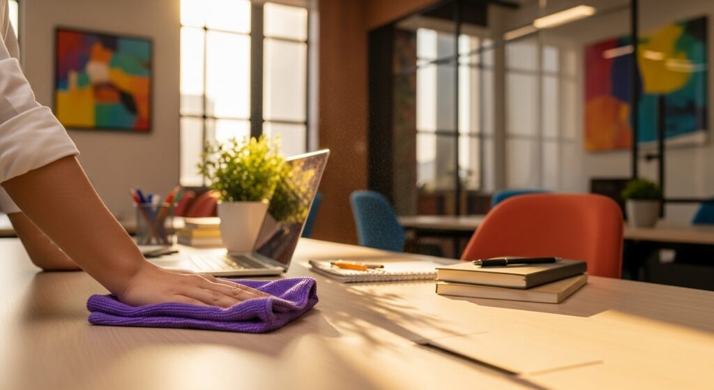Pessoa limpando uma mesa de escritório com pano roxo, livros e cadernos sobre a mesa, em um ambiente de coworking com luz natural e plantas ao fundo.